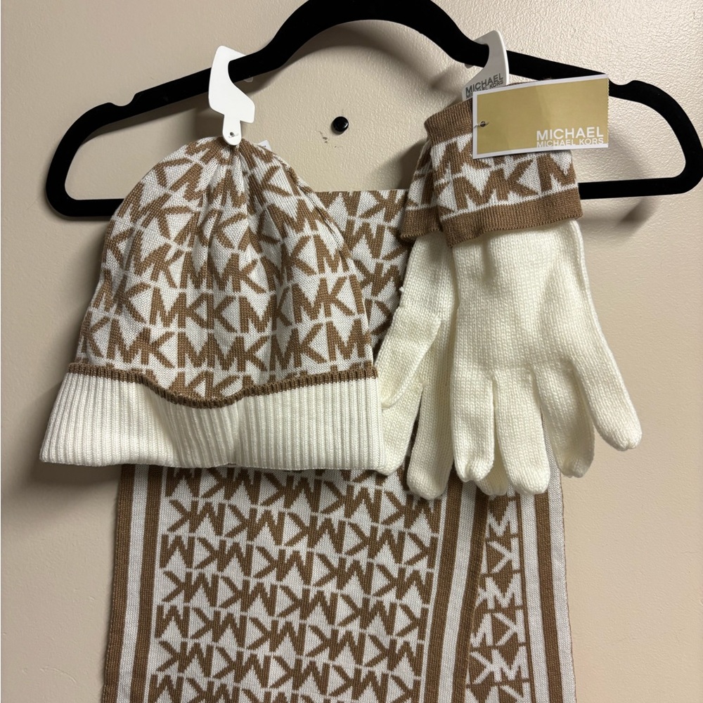 Michael Kors Ivory and Camel MK Logo Knit Scarf